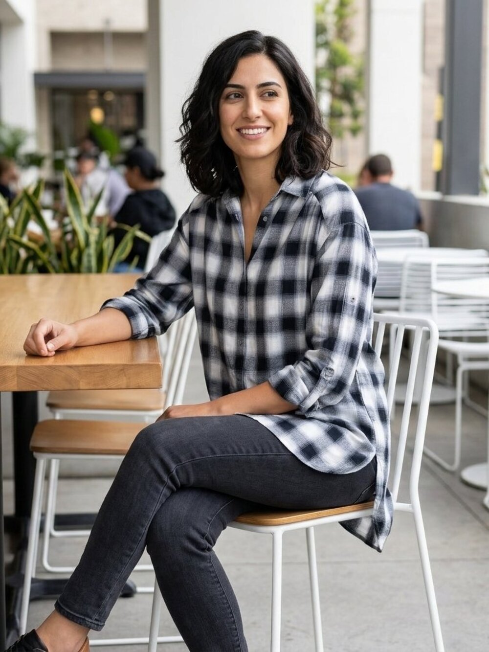 Vince Black & White Shadow Plaid Cotton Roll-Tab Tunic Shirt S